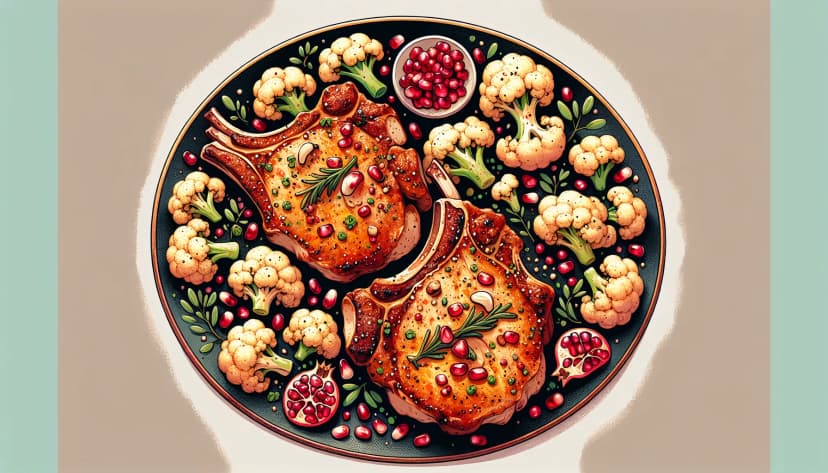 Garlicky Pork Chops with Cauliflower and Pomegranate